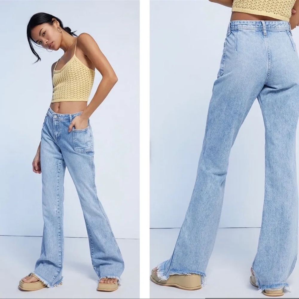 NWT We The Free Blue Izzy Low Rise Distressed Hem Light Wash Flare Jeans